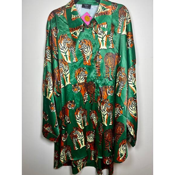 Dressed in LALA Tops - Dressed in LALA Tiger Print Royal Satin Top 2X Dopamine Art to Wear Maximalist